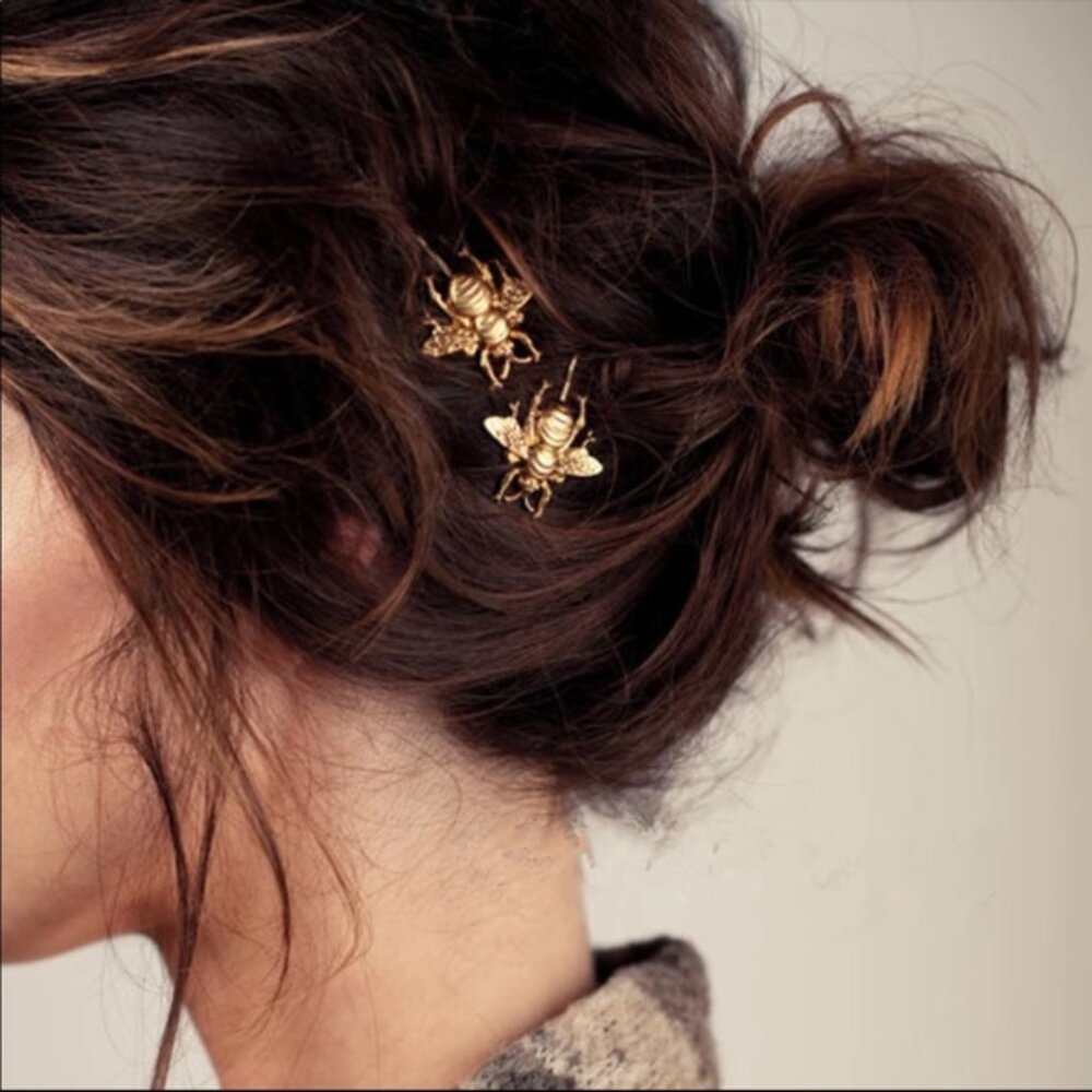 SET of 2 BEE PINS Free People Gold Beehive Bumble Bee Hair Barrettes Insect Pins